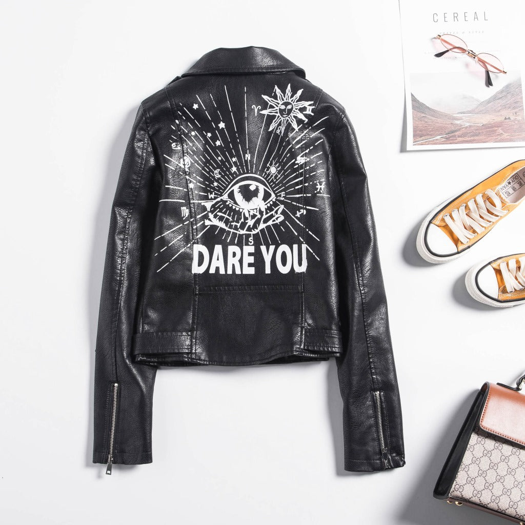 Black faux leather motorcycle jacket with 3D print, studs, and bold 'DARE YOU' design, perfect for rock and goth styles.