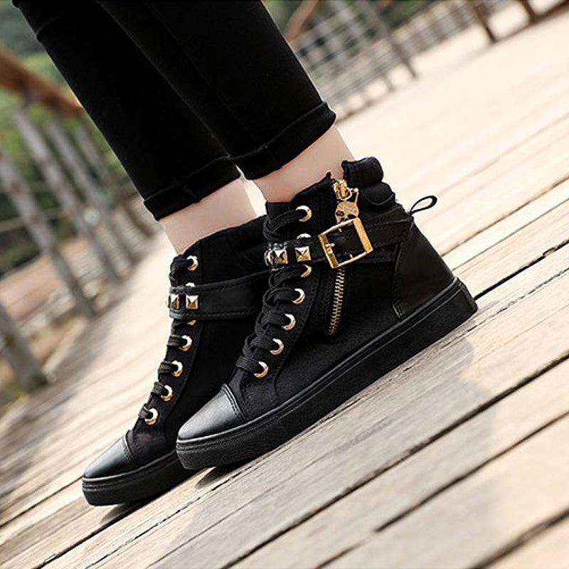 Rock'n'Roll Black and White Women's Sneakers with Rivets / Alternative Fashion Zipper Wedge Shoes - HARD'N'HEAVY