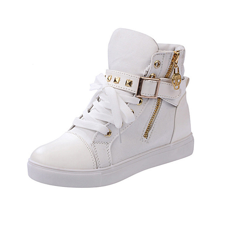 Rock'n'Roll Black and White Women's Sneakers with Rivets / Alternative Fashion Zipper Wedge Shoes - HARD'N'HEAVY