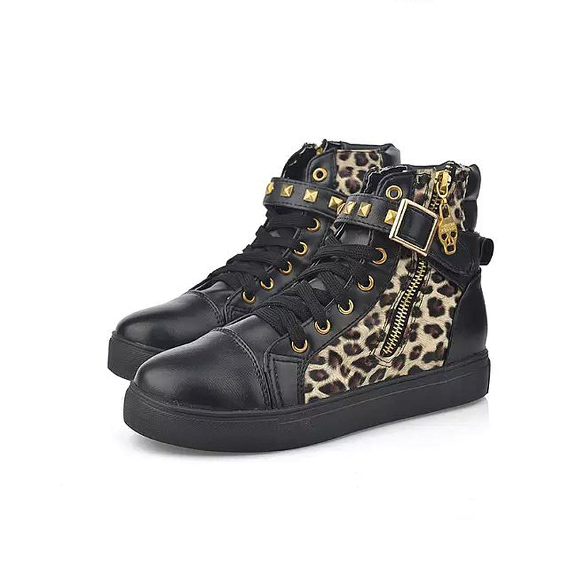Rock'n'Roll Leopard Black and White Women's Sneakers / Alternative Fashion Zipper Wedge Shoes - HARD'N'HEAVY