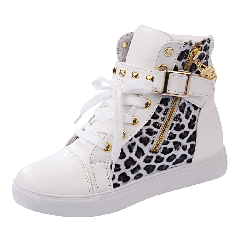 Rock'n'Roll Leopard Black and White Women's Sneakers / Alternative Fashion Zipper Wedge Shoes - HARD'N'HEAVY