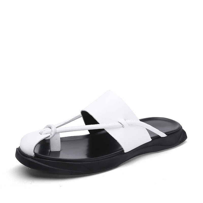 Rock'n'Roll style men's sandals, white genuine leather flip flops, sleek design, perfect for beach outings.