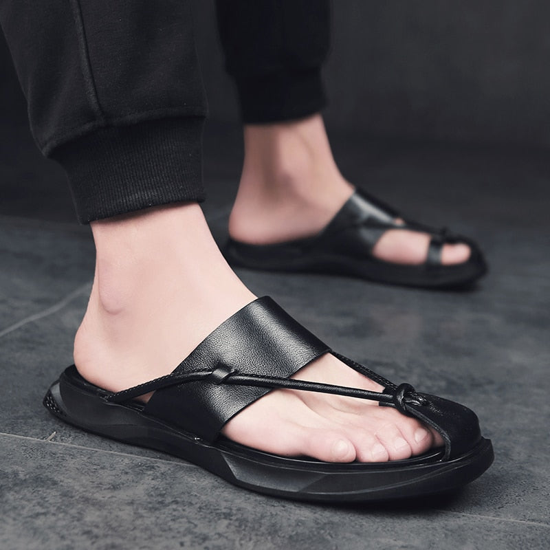 Stylish black Rock'n'Roll style men sandals with ankle wrap, perfect for beach outings and casual wear.