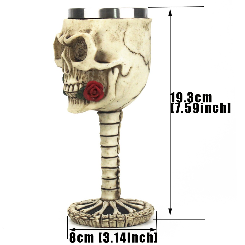 Gothic wine glass shaped like a skull with rose detail, made of stainless steel and resin, perfect for collectors.