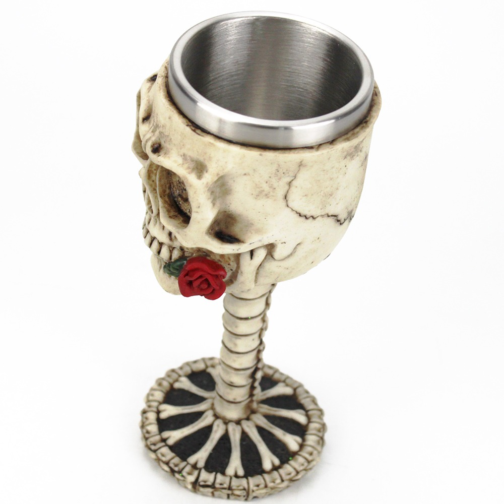 Gothic wine glass with skull, rose, and bone details, perfect for unique decor or gifts.