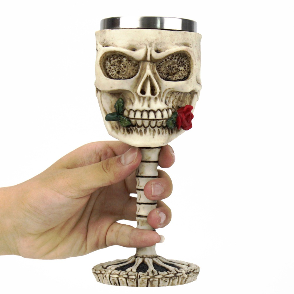 Unique Gothic wine glass with skull design, featuring a rose, perfect for gifts or collections.