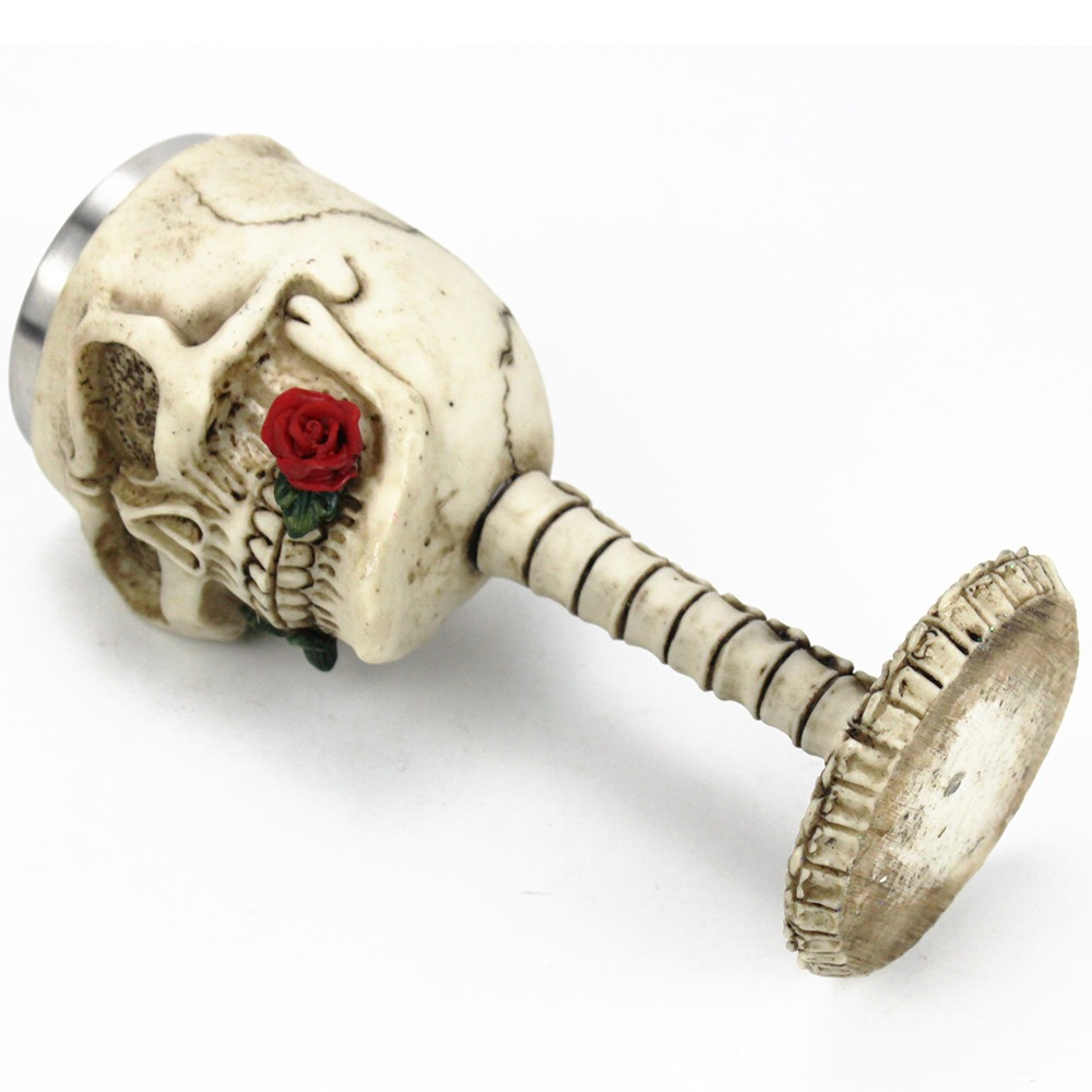 Gothic wine glass with skull design, rose accent, retro stainless steel and resin goblet, perfect for collectors.