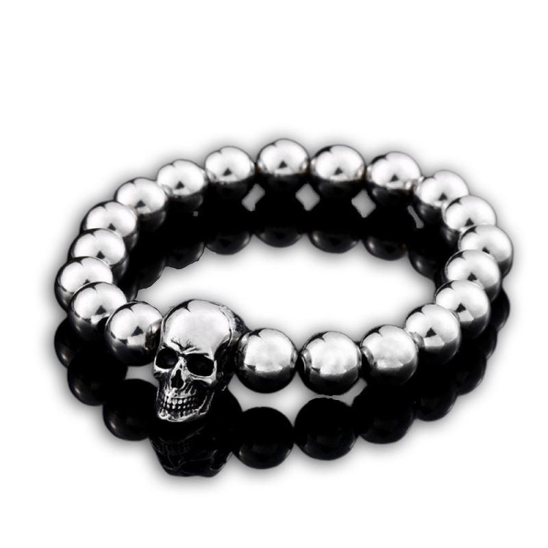 Round bead skull biker bracelet in stainless steel, perfect trendy accessory for a cool rock style.