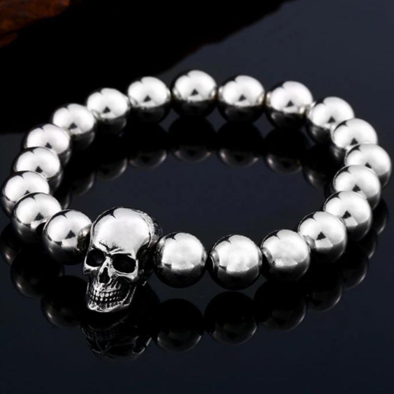Round bead skull biker bracelet in stainless steel, featuring a cool skeleton detail, perfect for trendy rock accessories.