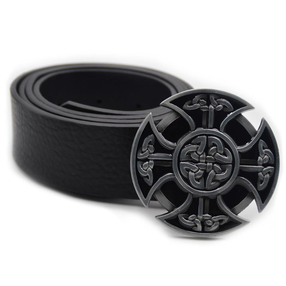 Round Celtic cross knot belt buckle on a black leather belt, perfect for alternative fashion and cosplay events.