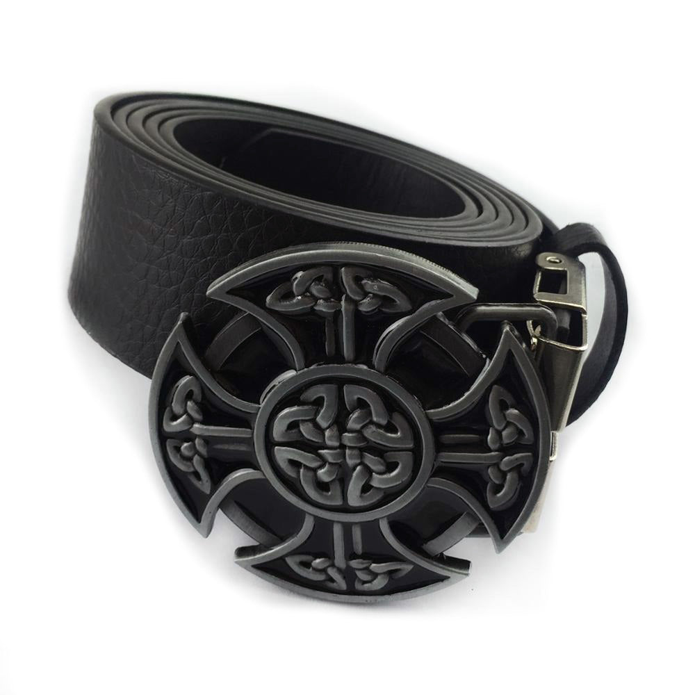 Round Celtic cross knot belt buckle with black leather belt, ideal for alternative fashion and cosplay.