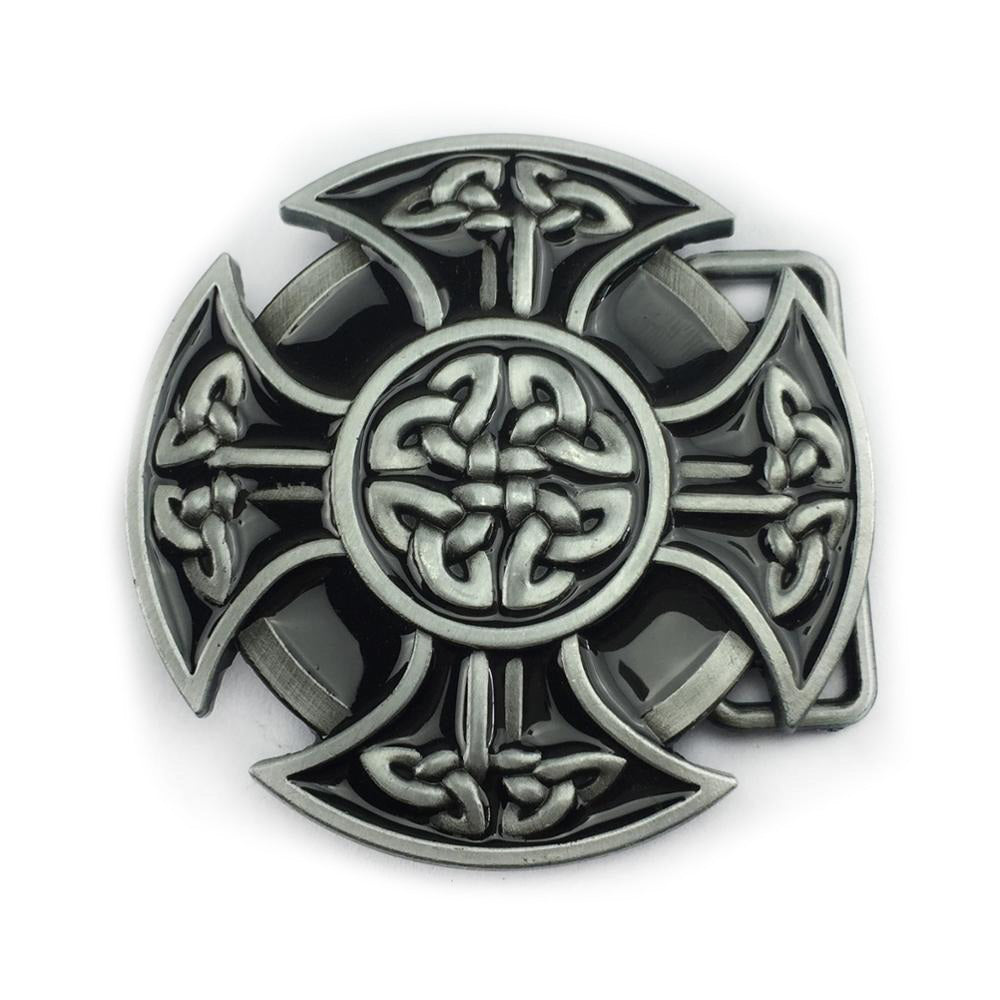 Round Celtic Cross Knot belt buckle in zinc alloy, featuring intricate patterns, ideal for alternative fashion and cosplay.