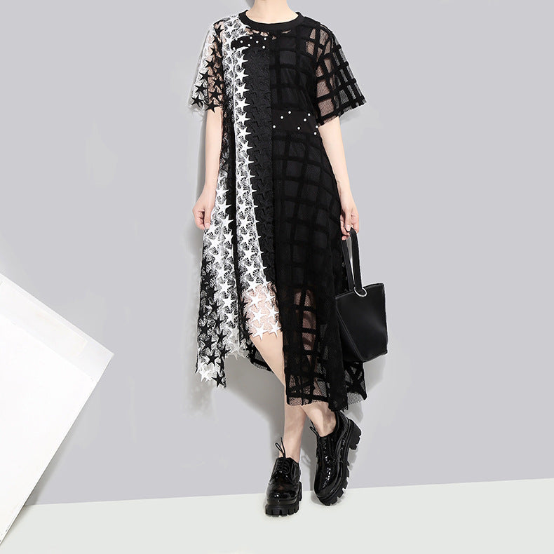 Round Neck Short Sleeve Black & White Color Dress / Women's Hollow Out Irregular Loose Gothic Dress - HARD'N'HEAVY