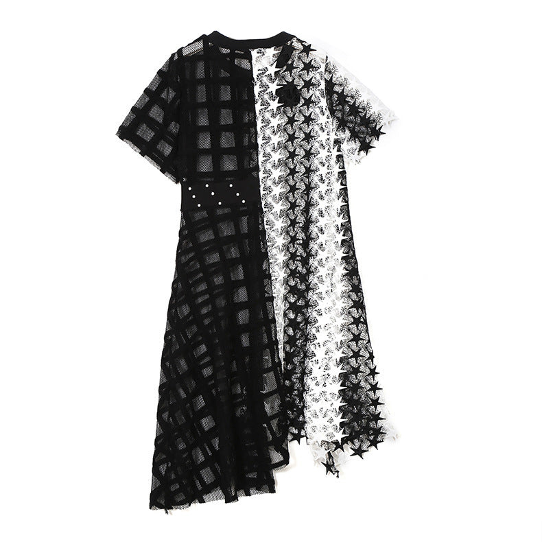 Irregular loose black and white Gothic dress with short sleeves and star patterns, perfect for spring outings.