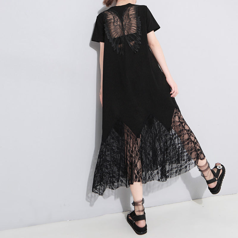 Round Neck Short Sleeve Dress with Cutted Wings / Black Lace Hollow Out Loose Long Temperament Dress - HARD'N'HEAVY
