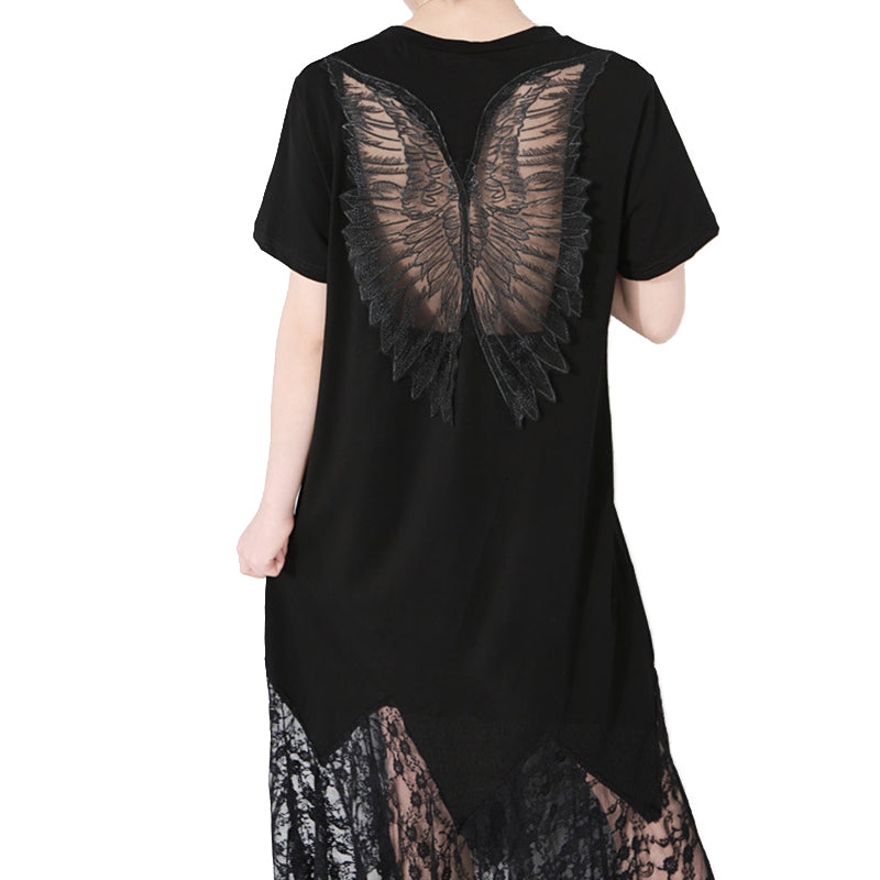 Round Neck Short Sleeve Dress with Cutted Wings / Black Lace Hollow Out Loose Long Temperament Dress - HARD'N'HEAVY