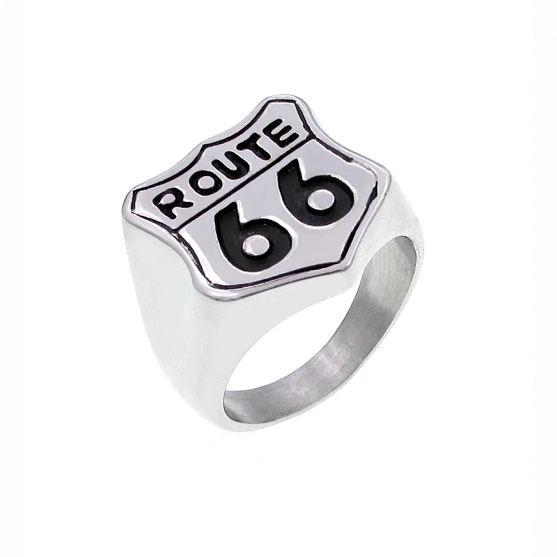 Route 66 rock style ring in stainless steel, perfect biker accessory for adventure lovers.