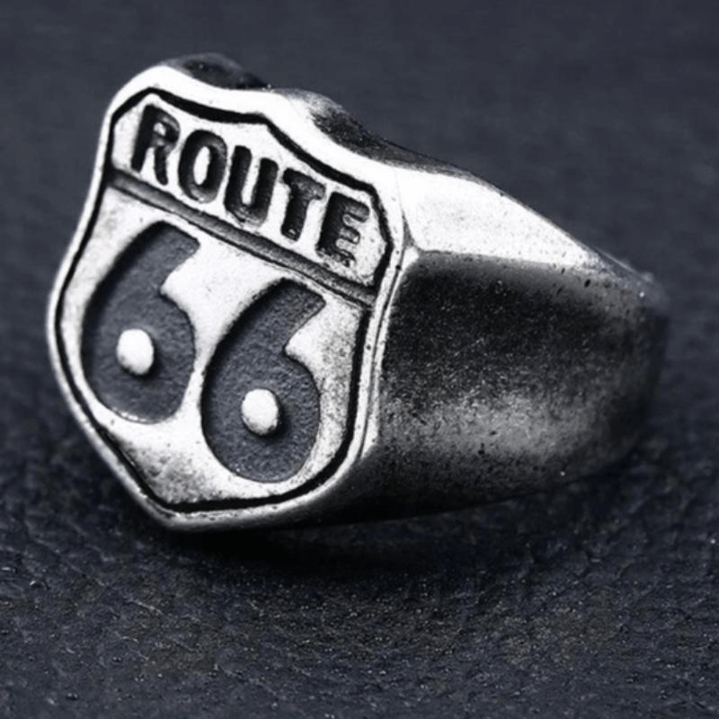 Route 66 rock style ring in vintage stainless steel, perfect biker accessory for adventurers.