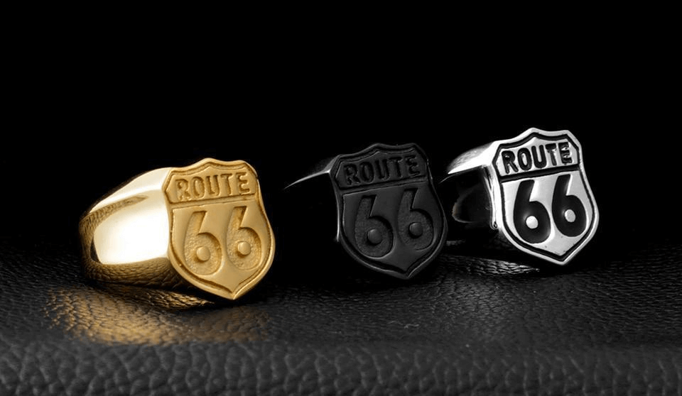 Route 66 vintage stainless steel rings in gold, black, and silver, perfect biker accessories for adventure lovers.