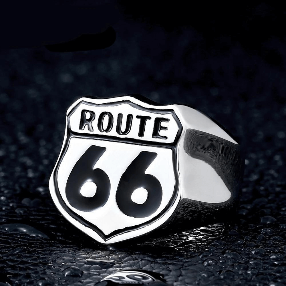 Route 66 rock style ring in stainless steel, perfect biker jewelry for adventure lovers.