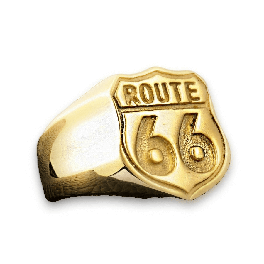 Route 66 rock style ring in gold accent, perfect for bikers and road adventure enthusiasts.
