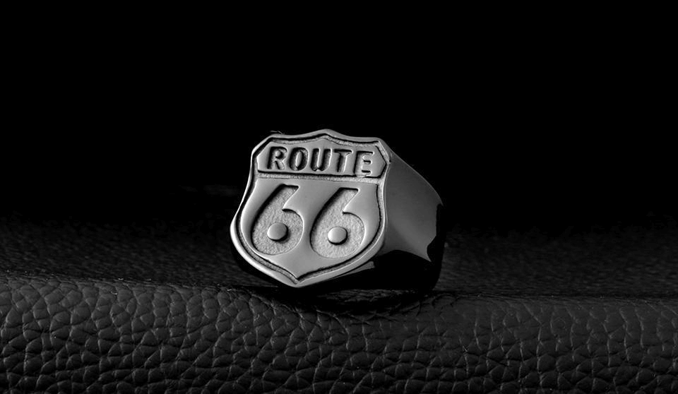 Vintage Route 66 ring in stainless steel, perfect biker jewelry for road adventure lovers.