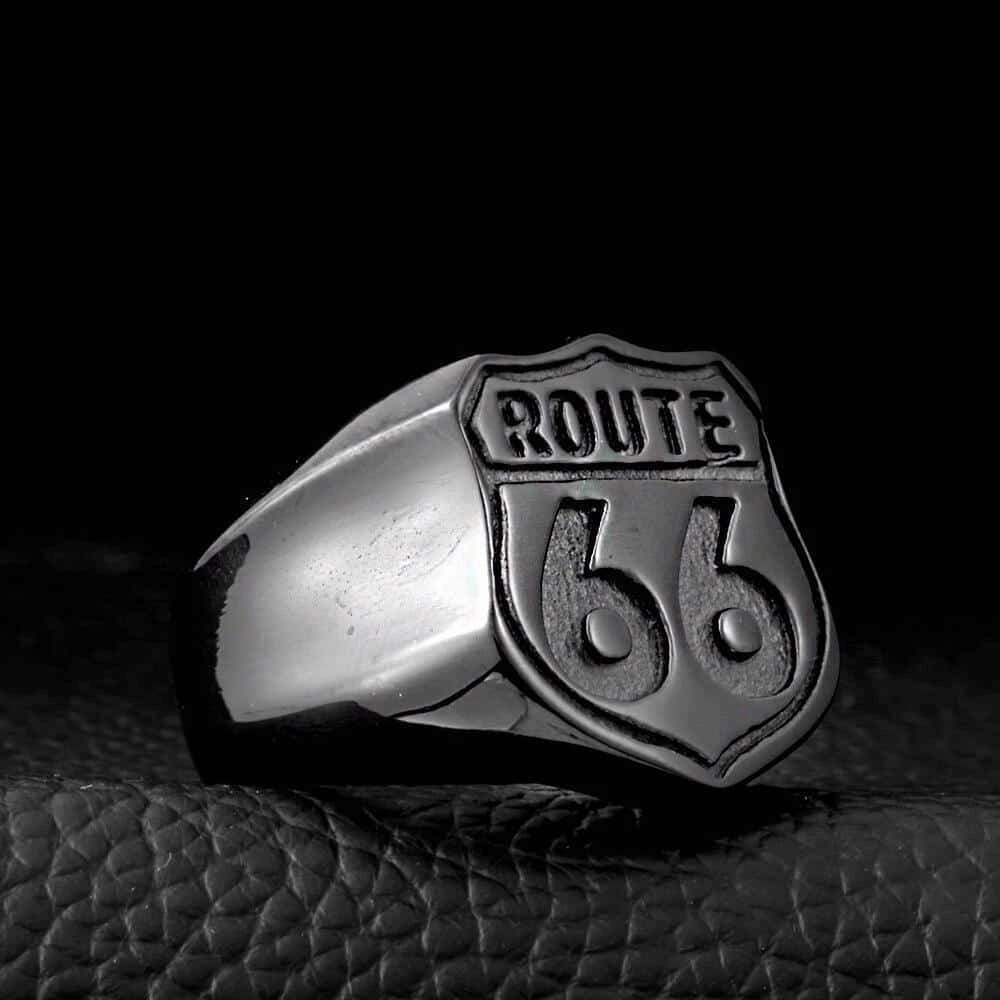 Route 66 ring in stainless steel, perfect for bikers and road adventure enthusiasts, showcasing rock style and vintage flair.