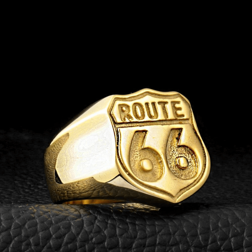 Route 66 vintage gold ring, stainless steel biker jewelry, perfect for adventure lovers.