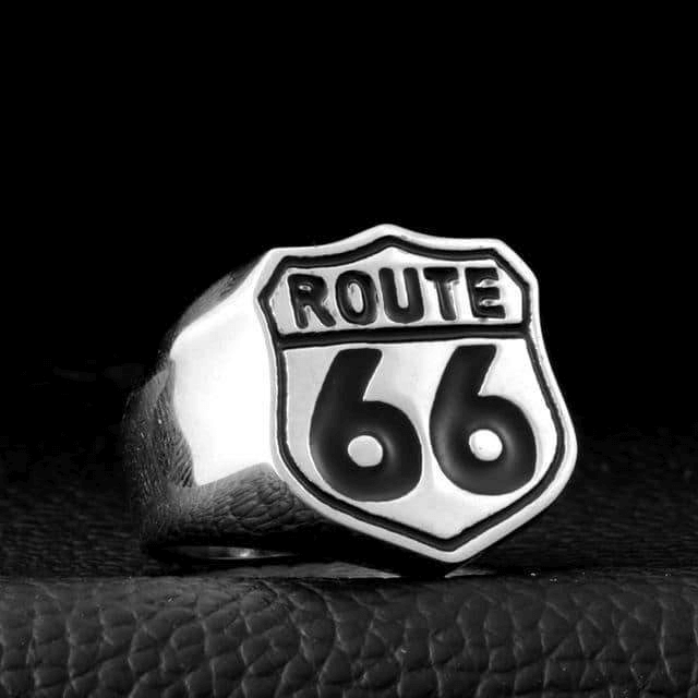 Route 66 stainless steel ring in rock style, perfect for biker accessories and adventure lovers.