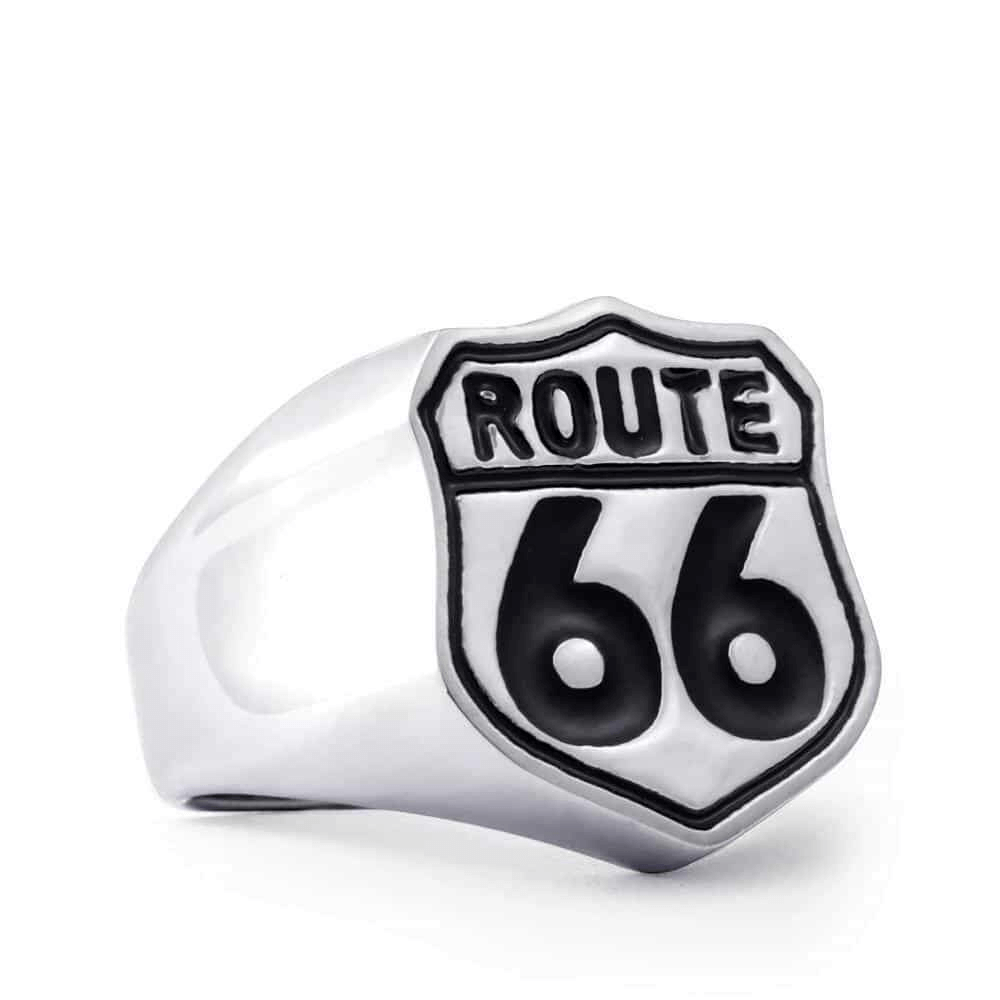Route 66 vintage stainless steel biker ring, perfect accessory for road adventure enthusiasts.