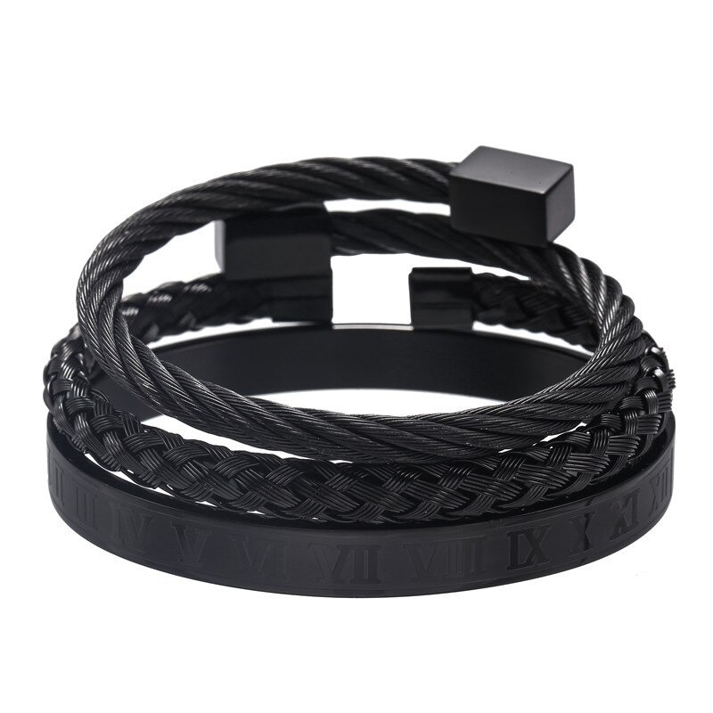 Royal luxury stainless steel bangle set featuring three dark punk style bracelets with unique designs.