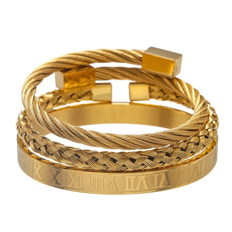 Stylish gold stainless steel bangle set, featuring braided and smooth designs, ideal for punk jewelry enthusiasts.