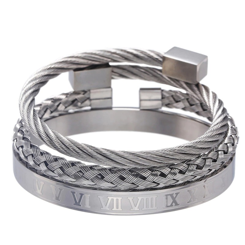 Royal luxury stainless steel bangle set with Roman numerals, perfect for punk style jewelry enthusiasts.