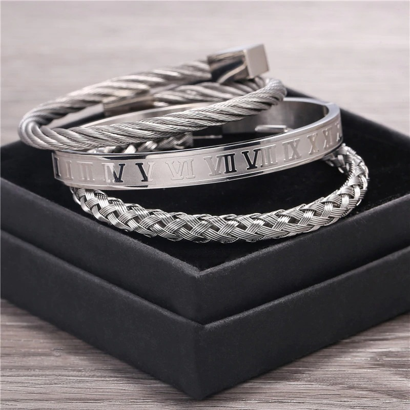 Royal luxury stainless steel bangle set of 3, featuring Roman numerals and braided designs for a punk style.