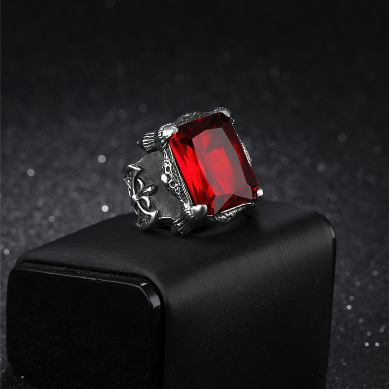 Royal Square Blood Red Ring with unique zircon design, featuring a bold red stone and intricate steel details.