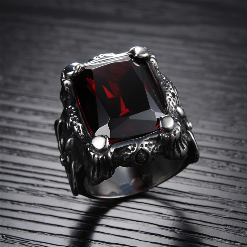 Royal Square blood red ring featuring unique zircon, stylish steel design for men and women, perfect for any occasion.