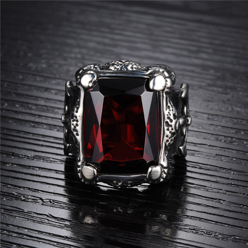 Royal Square red zircon ring for men and women, striking design with steel accents, perfect for any occasion.