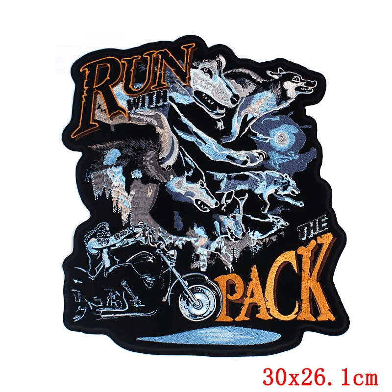 Large embroidered Run with Wolves iron-on patch featuring wolves and a motorcycle design for jackets.