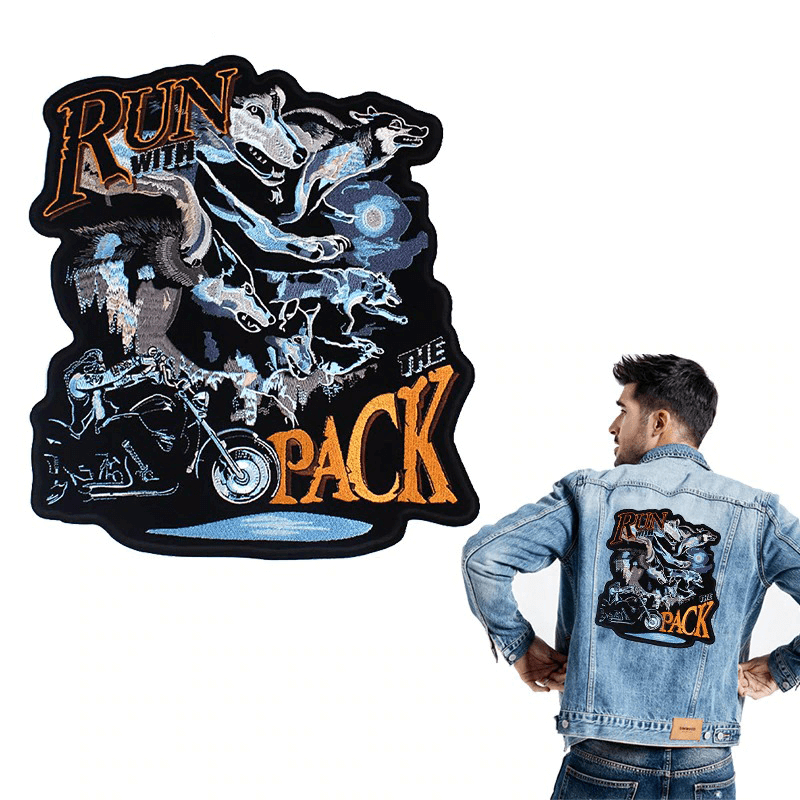 Run with Wolves large embroidered patch for jackets showing biker style design and motorbike theme.