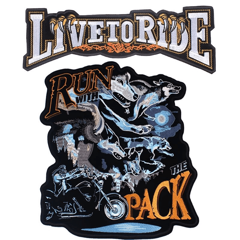 Large embroidered iron-on patches featuring 'Live to Ride' and 'Run with the Pack' for jackets and bags.