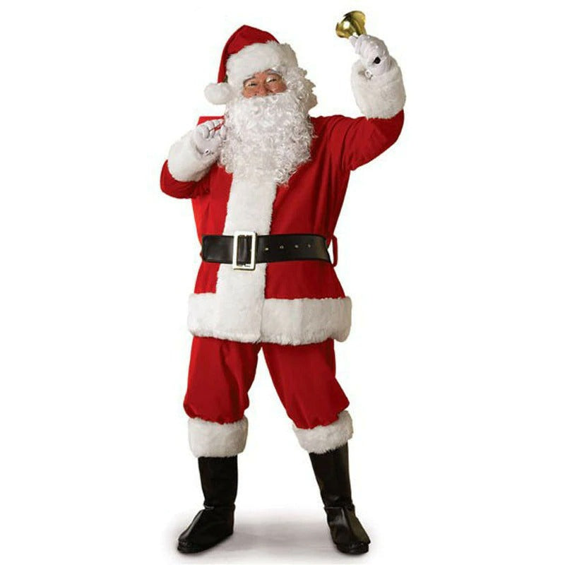 Adult Santa Claus costume in red with white trim, featuring a bell and snowy beard, perfect for Christmas celebrations.