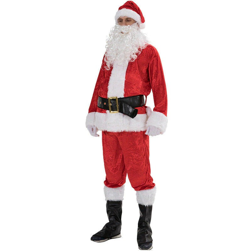 Adult Santa Claus costume with red suit, black belt, and hat, perfect for Christmas celebrations and cosplay.