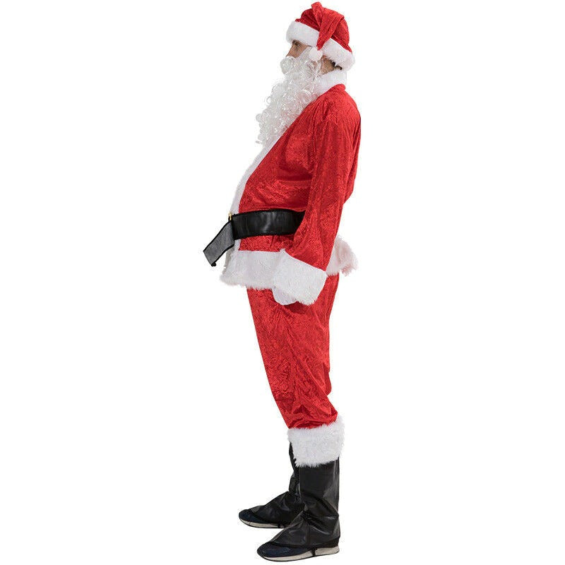 Adult wearing a cozy Santa Claus Christmas costume with red pants, top, and hat, perfect for festive celebrations.