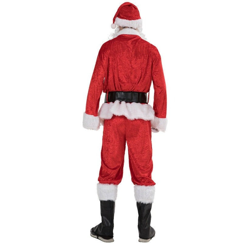 Back view of a cozy Santa Claus Christmas costume for adults, featuring a red suit, hat, and black belt.