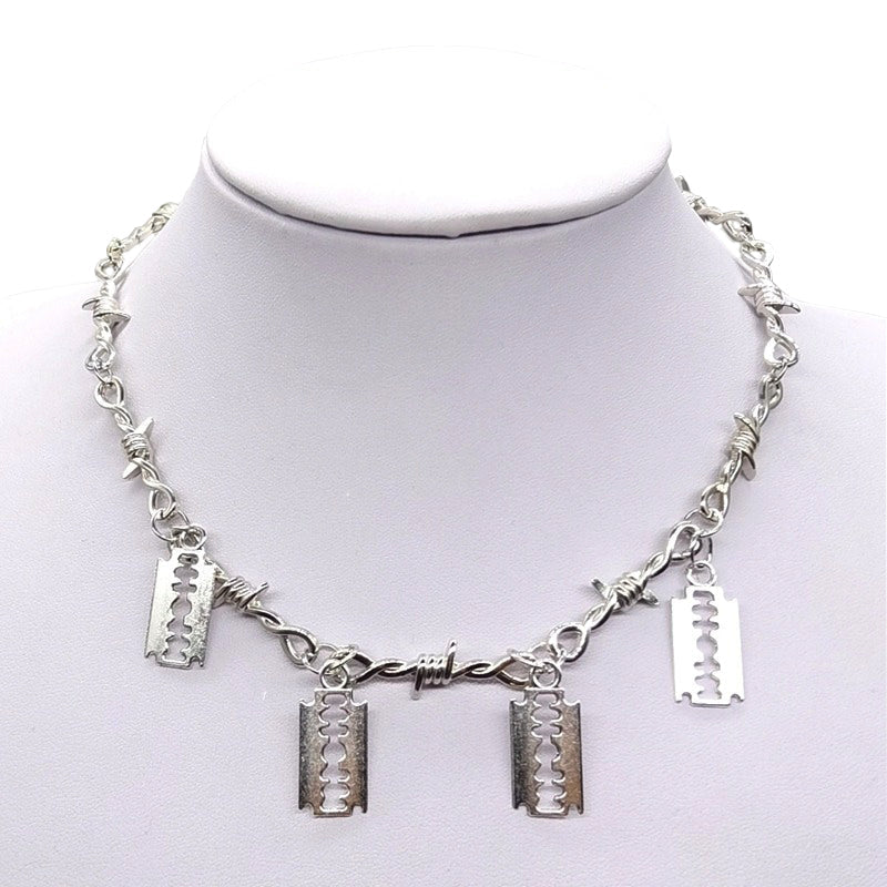 Stylish unisex Gothic choker necklace featuring barbed wire and blade pendants for a bold, trendy look.