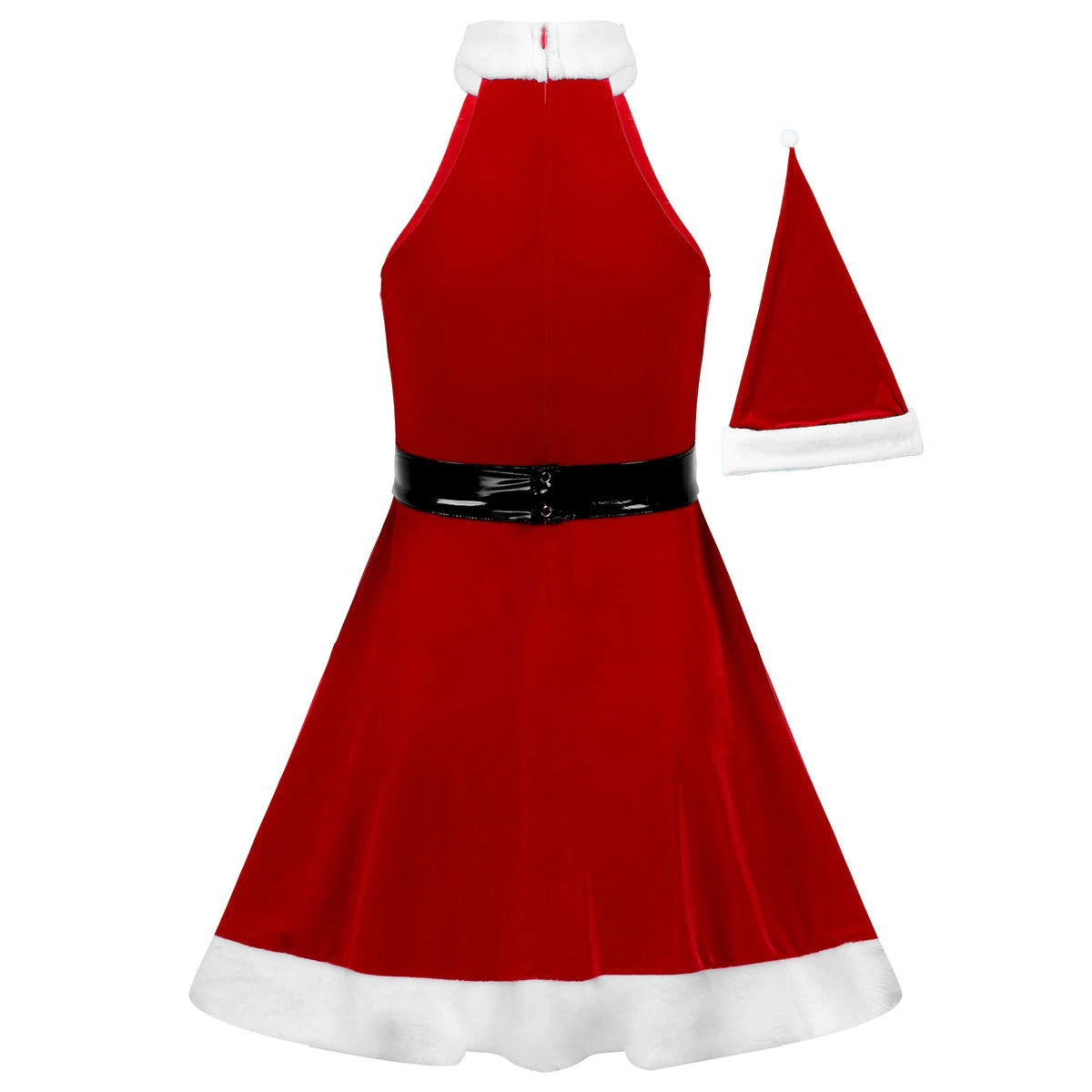Santa Xmas women's party dress in red velvet with leather belt and matching hat, perfect for holiday dress-up fun!