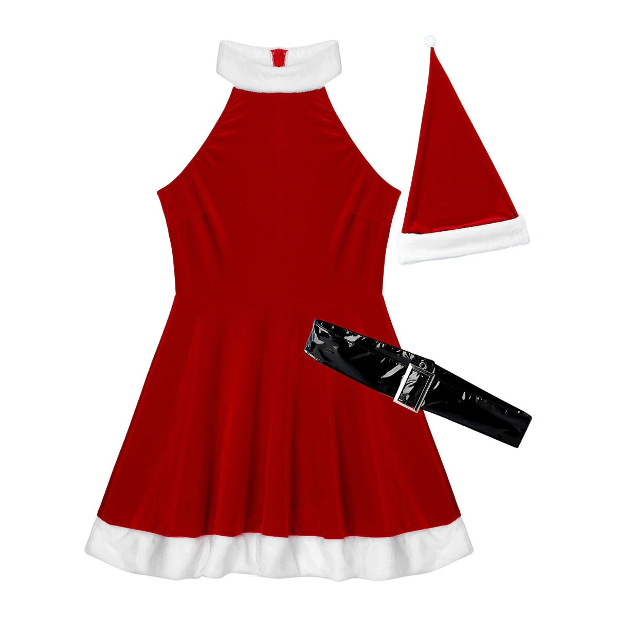 Santa Xmas women's cosplay costume set with red dress, hat, and leather belt for festive dress-up fun.