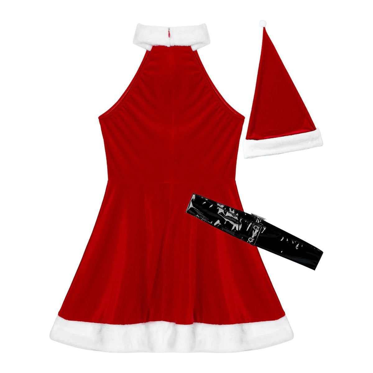 Santa Xmas women's cosplay costume with red velvet dress, Santa hat, and leather waist belt for Christmas parties