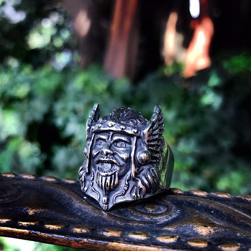 Scandinavian Odin's Head ring in stainless steel, showcasing Viking style and intricate details, perfect for any occasion.
