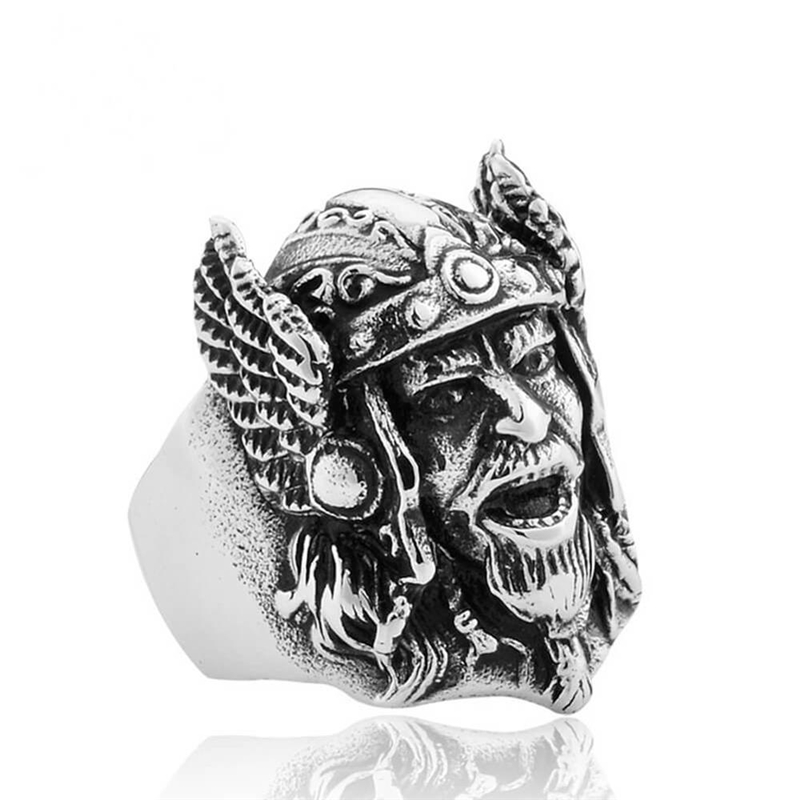 Stainless steel Scandinavian ring featuring Odin's head, perfect for Viking style enthusiasts.